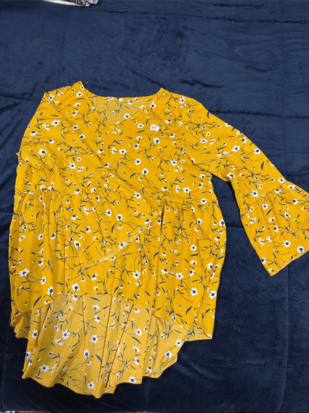 Mustard Yellow Floral Peplum Blouse with Bell Sleeves